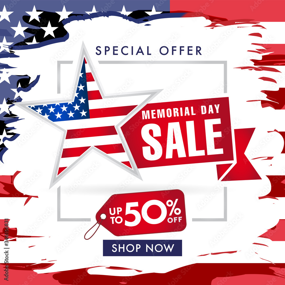 Memorial day USA sale with special offer up to -50% banner. Memorial Day with grunge flag and brush paint background. Vector illustration