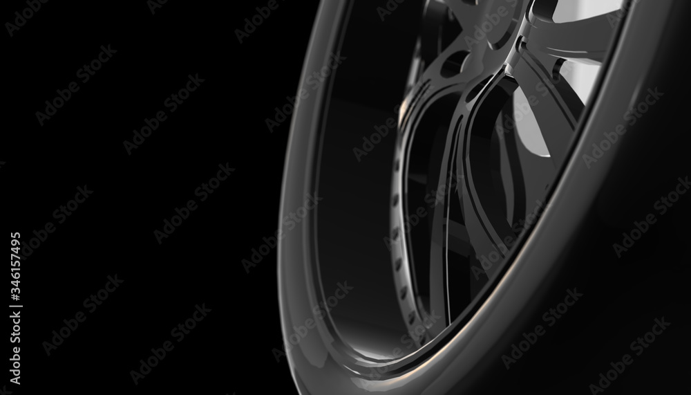 Aluminium on shadow and light rim of luxury car wheel. Various material and background, 3D render