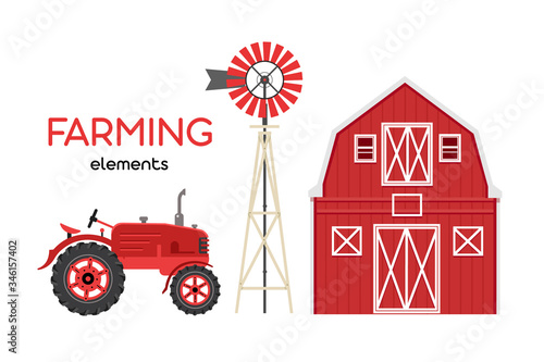 Farming elements. Red barn, tractor, windmill. Flat vector elements.