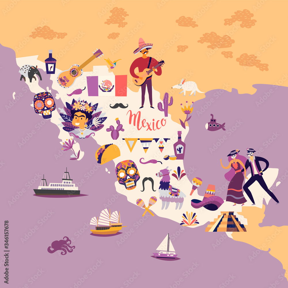 Mexico map cartoon style vector illustration. Mexico with traditional symbols and decorative elements. Abstract travelers map poster. Hand draw colorful illustrations background