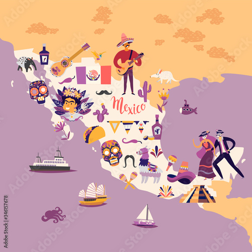 Mexico map cartoon style vector illustration. Mexico with traditional symbols and decorative elements. Abstract travelers map poster. Hand draw colorful illustrations background © coffeee_in