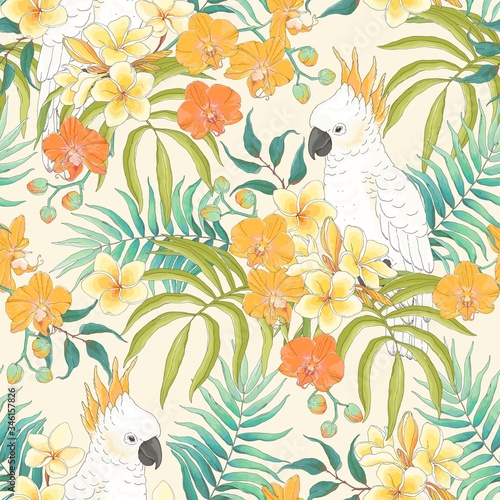 Seamless summer pattern with flowers Plumeria, Orchid, leaves and white parrot Cockatoo. Vector tropical illustration in vintage style on beige background.