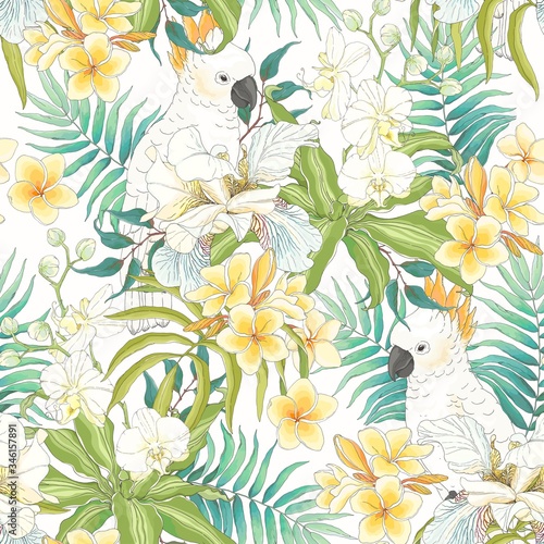 Flowers Plumeria, Orchid, Fleur de lis, leaves and Parrot Cockatoo. Vector seamless pattern, tropical illustration in vintage style on white background.