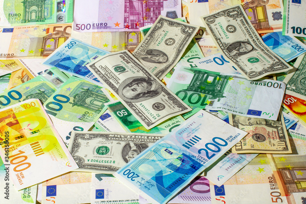 Banknote texture of american dollars, euros and new israeli shekels. Business, finance, currency funds. Banknote texture of american dollars, euros and new israeli shekels. Business, finance, currency funds.