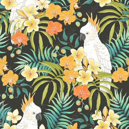 Parrot Cockatoo with flowers Plumeria, Orchid and leaves. Vector seamless pattern, tropical illustration in vintage style on dark background.