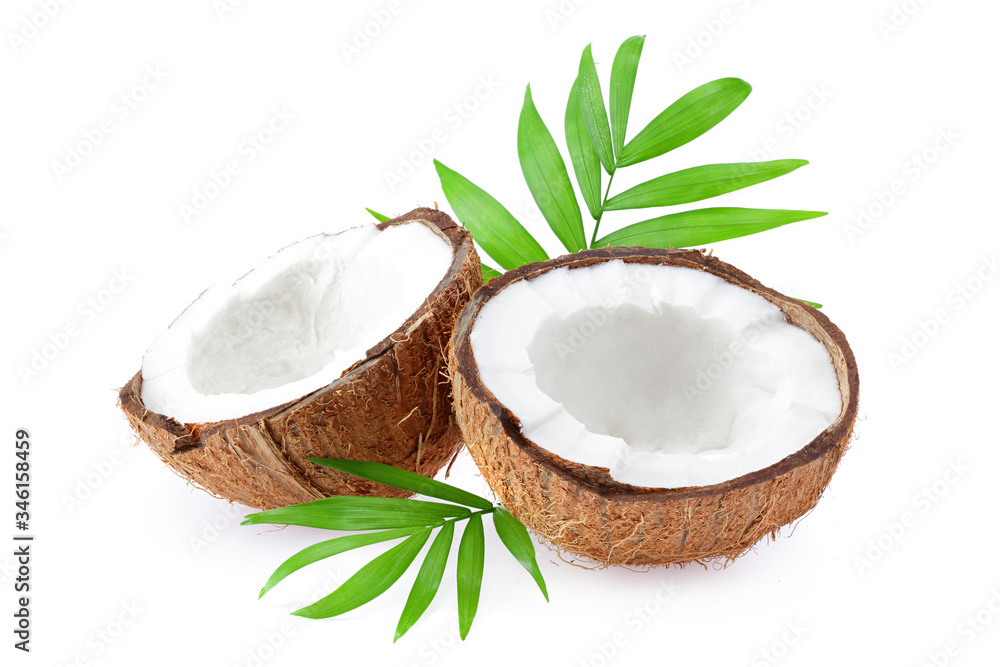 Coconut with green leaves isolated on white background. top view Coconut with green leaves isolated on white background. top view