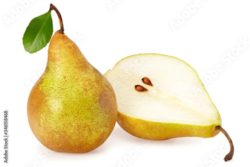 ripe green pear with slices isolated on white background