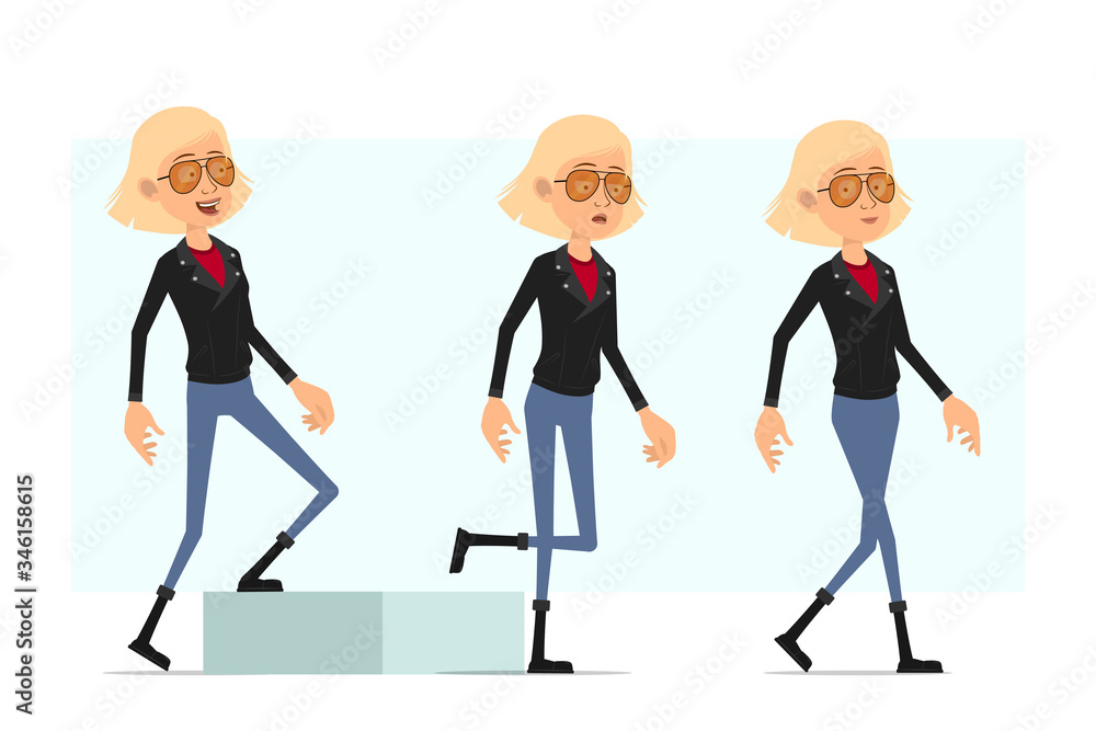 Cartoon flat funny cute rock and roll girl character in leather jacket. Ready for animation. Blonde successful tired girl walking to her goal. Isolated on white background. Vector icon set.