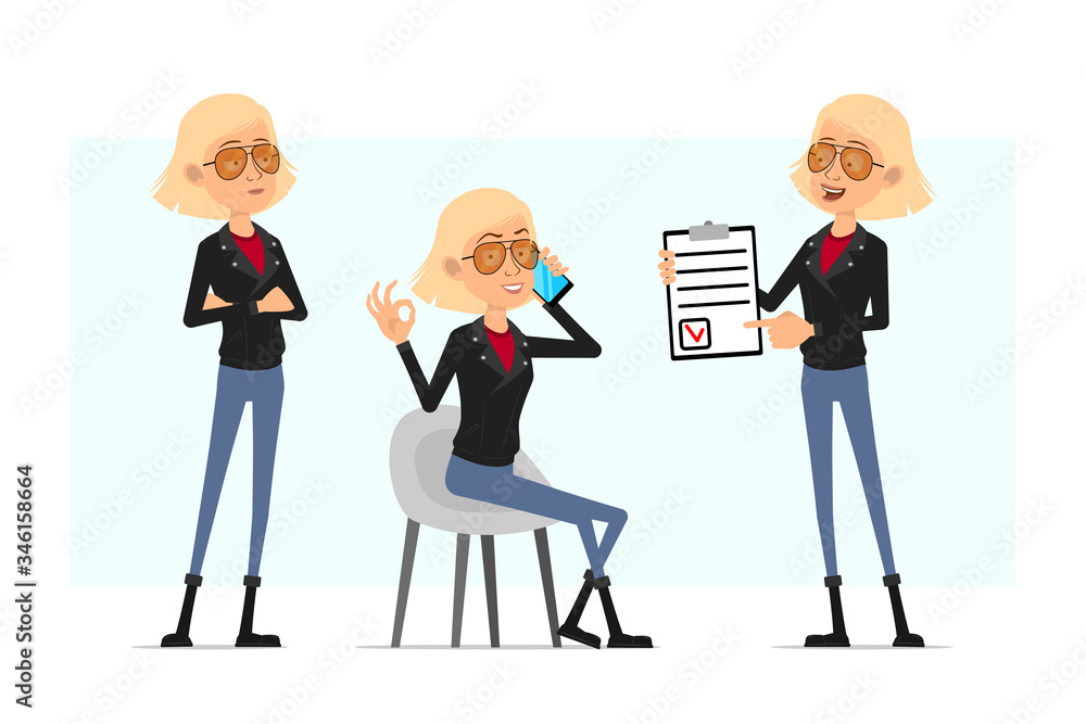 Cartoon flat funny cute rock and roll girl character in leather jacket. Ready for animation. Blonde girl talking on phone and showing to do list tablet. Isolated on white background. Vector icon set.
