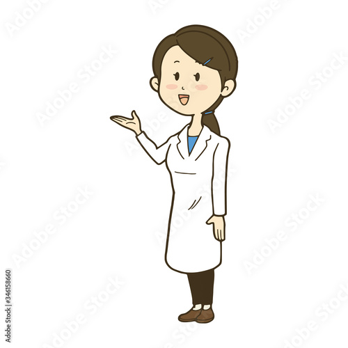 笑顔で案内する白衣の女性のイラスト