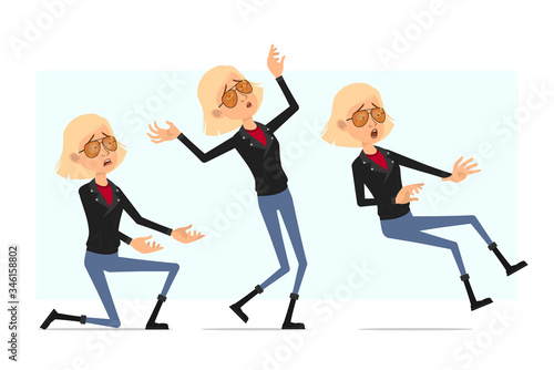 Cartoon flat funny cute rock and roll girl character in leather jacket. Ready for animation. Blonde girl falling back and standing on one knee. Isolated on white background. Vector icon set.