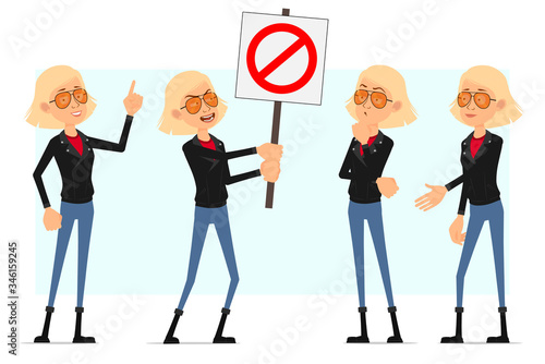 Cartoon flat funny rock and roll girl character in leather jacket. Ready for animation. Blonde rebel girl and showing no entry sign and shaking hands. Isolated on white background. Vector icon set.