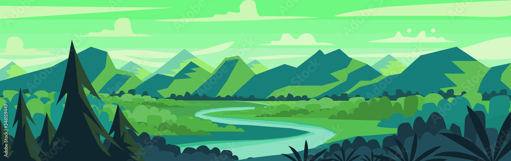 Vector illustration of sunset forest panoramic view with mountains, trees and river in flat cartoon style.