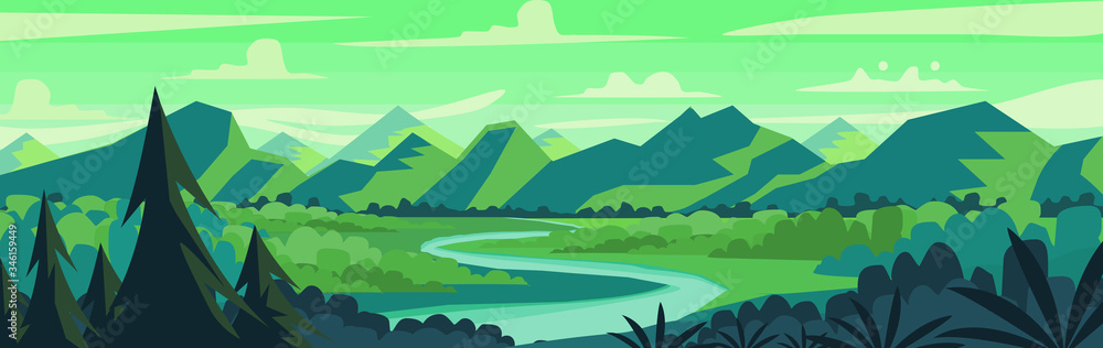 Vector illustration of sunset forest panoramic view with mountains, trees and river in flat cartoon style. Vector illustration of sunset forest panoramic view with mountains, trees and river in flat cartoon style.