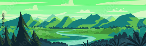 Vector illustration of sunset forest panoramic view with mountains  trees and river in flat cartoon style.