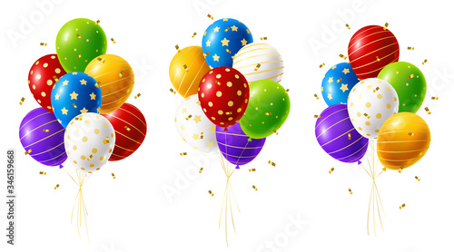 Set of bright rainbow balloons bunches with golden confetti isolated on white background