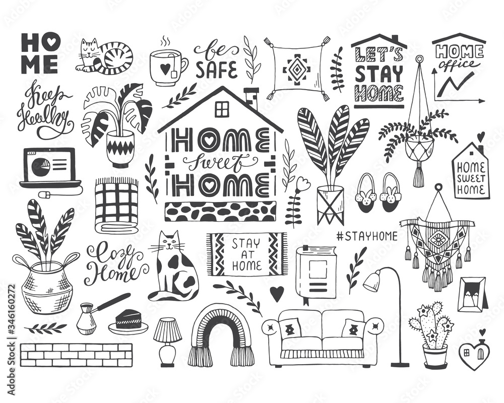 Stay at home-hand drawn vector set about coronavirus, Covid-19, Stay safe, work in home, home sweet home isolated on white background. Pandemic protection. Quarantine doodle icons, home elements. 