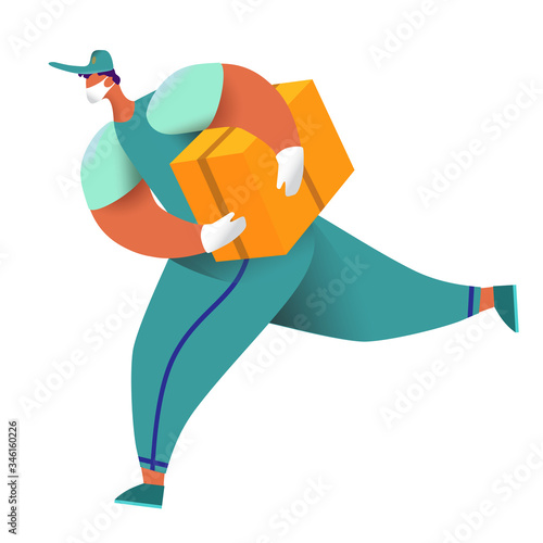 A courier in a mask and gloves. Secure delivery of parcels and other items. A man runs to deliver a large box. Runs around with a box. Vector illustration isolated on a white background.