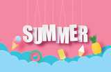 Hello summer banner or poster with hanging text and decoration in paper cut style. Vector illustration digital craft paper art. wallpaper, backdrop, summer season. ice cream, pineapple, swim ring.