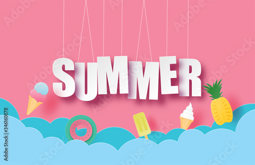 Hello summer banner or poster with hanging text and decoration in paper cut style. Vector illustration digital craft paper art. wallpaper, backdrop, summer season. ice cream, pineapple, swim ring.