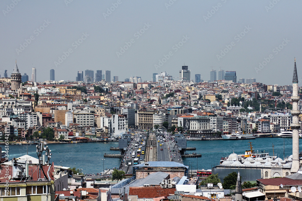 Panorama of Istanbul city, Turkey from above. View to Galata tower and golden horn bridge