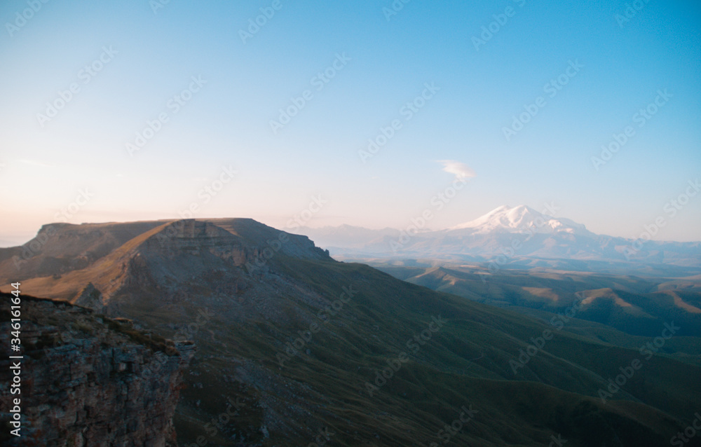 Mount Elbrus, Karachay Cherkess Republic, Russian nature, plateau. The highest mountain in Europe. National Park, mountain in the snow. Dormant volcano.