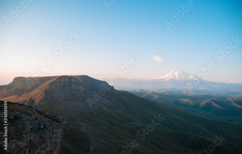Mount Elbrus  Karachay Cherkess Republic  Russian nature  plateau. The highest mountain in Europe. National Park  mountain in the snow. Dormant volcano.