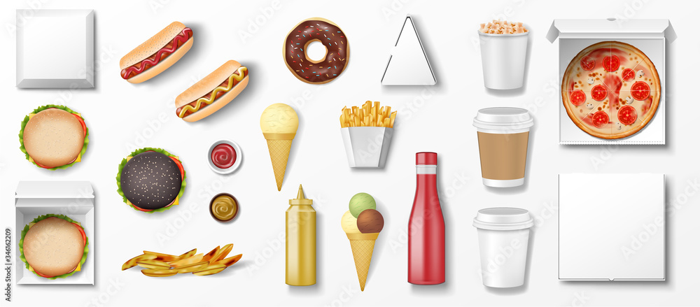 Realistic fast food mockup set, top view for restaurant snack menu. Donut, ice cream, hamburger, pizza, hotdog, fry potato, popcorn, ketchup template Isolated. Vector illustration Realistic fast food mockup set, top view for restaurant snack menu. Donut, ice cream, hamburger, pizza, hotdog, fry potato, popcorn, ketchup template Isolated. Vector illustration