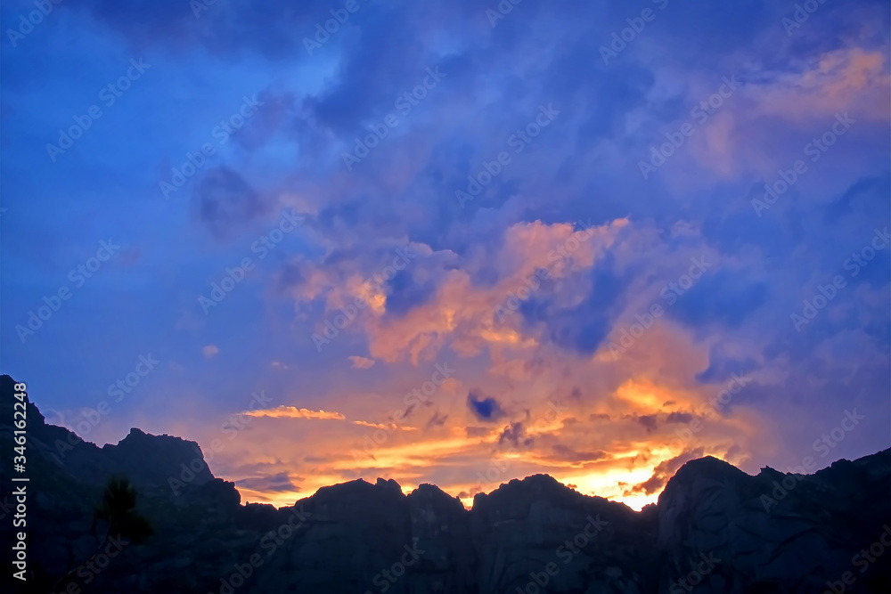 colored clouds at sunset in the mountains, National park Ergaki landscape