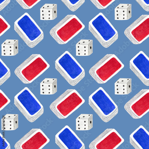 Seamless pattern with dices and deck of cards of blue and red colors. Watercolor hand drawn illustrations