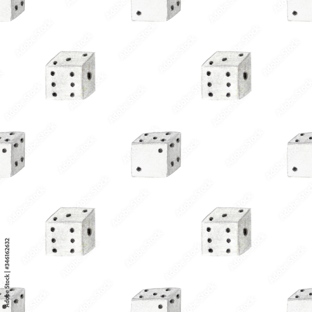 Seamless pattern with white dices on white background. Watercolor hand drawn illustrations Seamless pattern with white dices on white background. Watercolor hand drawn illustrations