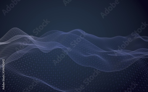 Abstract landscape on a dark background. Cyberspace navy blue grid. hi tech network. 3D illustration