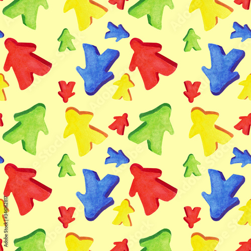 Watercolor hand drawn illustrations Seamless pattern with colorful meeples - elements of board games