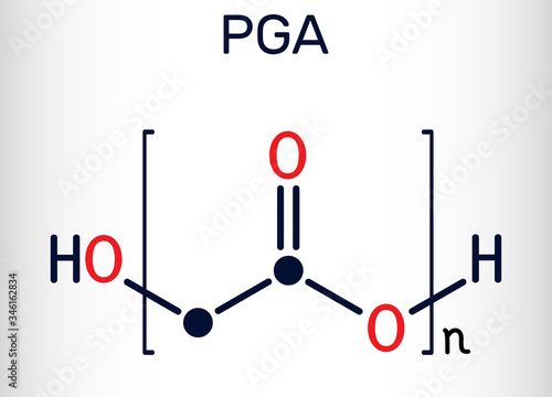 Polyglycolide or polyglycolic acid, PGA molecule. It is a biodegradable, thermoplastic polymer. Skeletal chemical formula photo
