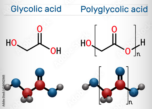 Glycolic acid (hydroacetic, hydroxyacetic acid) and polyglycolic acid (polyglycolic acid, PGA) molecule