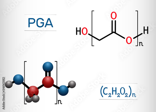Polyglycolide or polyglycolic acid, PGA molecule. It is a biodegradable, thermoplastic polymer. Structural chemical formula and molecule model
