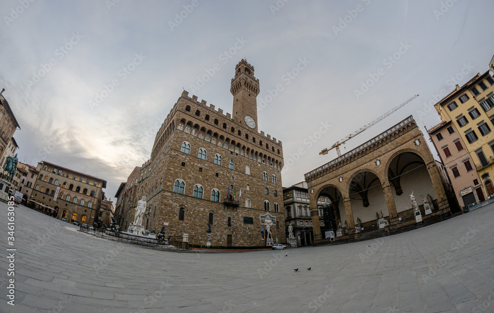 Fisheye view of Piazza della Signoria with Palazzo Vecchio in Florence Tuscany Italy
