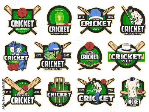 Cricket sport club and team icons. Cricket sport player equipment bats and red balls, field and helmet for professional game. Emblems and championship cup vector icons