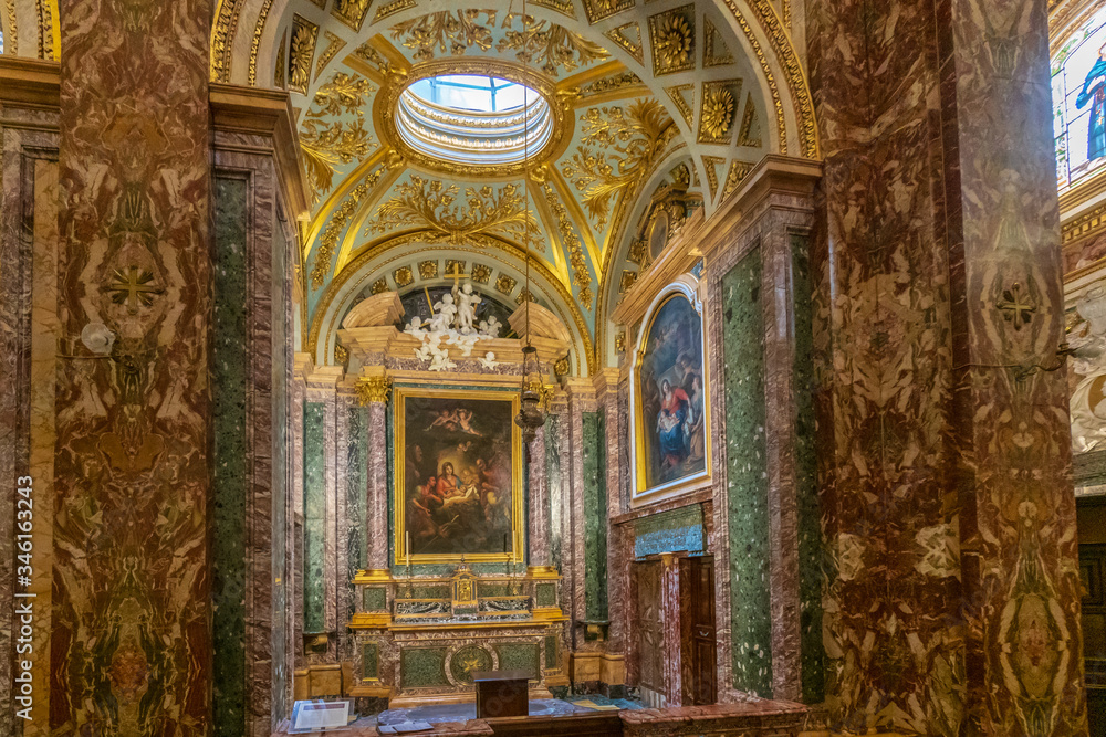 Interior of Saint Anthony in Campo Marzio, a Baroque Roman Catholic church, the national church of the  Portuguese community in Rome, Italy