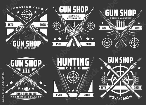 Gun shop and military ammunition weapon store vector icons. Hunting ammo rifles and defense weaponry, shooting club signs with guns, bullets and bomb launchers, grenades, bazookas and aim targets