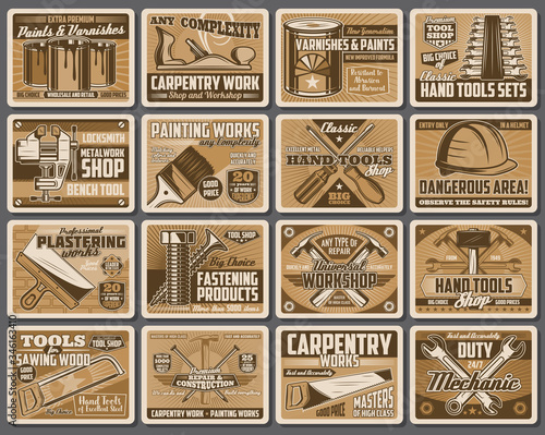 Work and DIY tools retro posters. Construction, home repair, remodeling and renovation vector tools, painting brush and locksmith vise, woodworking drill, saw and hammer