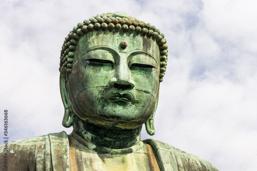Kamakura, Japan. Views of the Great Buddha (Daibutsu), large bronze statue representing Amida Buddha (Amitabha) in Kotoku-in Buddhist temple