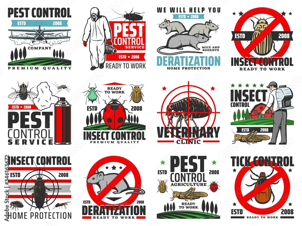 Pest control, insects extermination and rodents deratization service vector icons. Domestic and agriculture pest control, disinfection and fumigation of bugs and ticks, flea, locust and cockroach