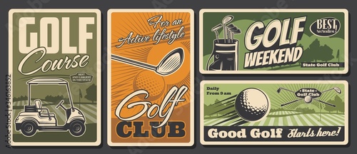 Golf club, sport activity and leisure, vector vintage retro posters. Weekend golf sport training on green field course, golfer equipment balls and clubs kit in golf cart