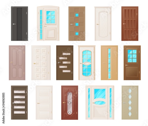 Interior doors, room doorways and entrances vector design. Closed doors with wooden frames and casings, metal handles and hinges, glass panels and sidelites, decorated with geometric ornaments