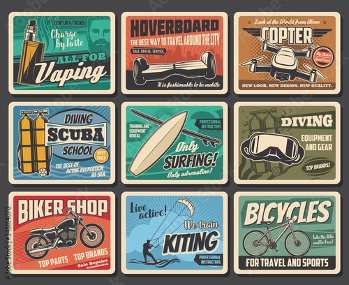 Active sport and summer leisure, entertainment vector retro posters. Scuba diving school, water kiting and ocean surfing club, travel bicycles and biker shop, hoverboard and vaping e-cigarettes