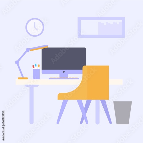 Work at home concept. Flat design of modern workspace with furniture and accessories. Coworking space, office interier.