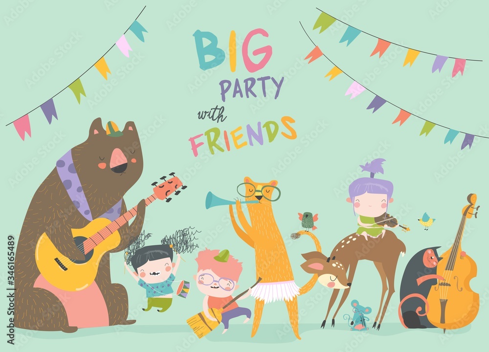 Fototapeta premium Birthday card with cute animals and kids playing the musical instruments