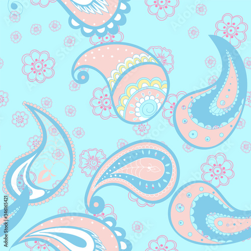Blue Floral Ethnic Vector Seamless Pattern. 