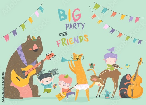 Birthday card with cute animals and kids playing the musical instruments